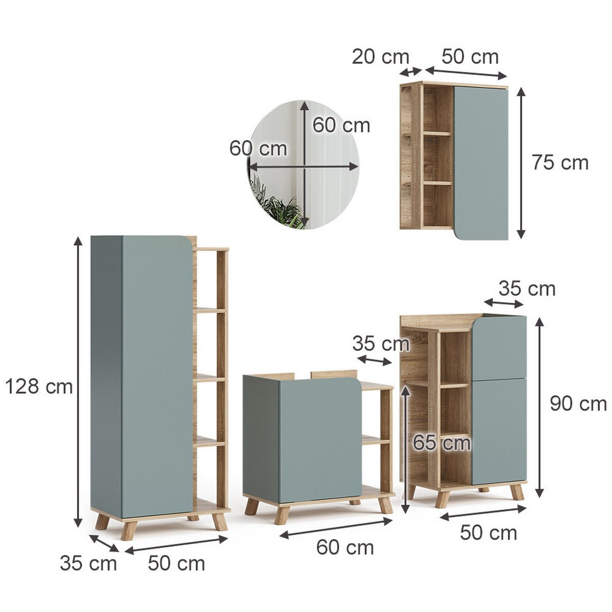 BADMÖBEL-SET Karen Blau-Grau 5 Teile - Dunkelblau/Sonoma Eiche, Holzwerkstoff (60/65/35cm) - Vicco