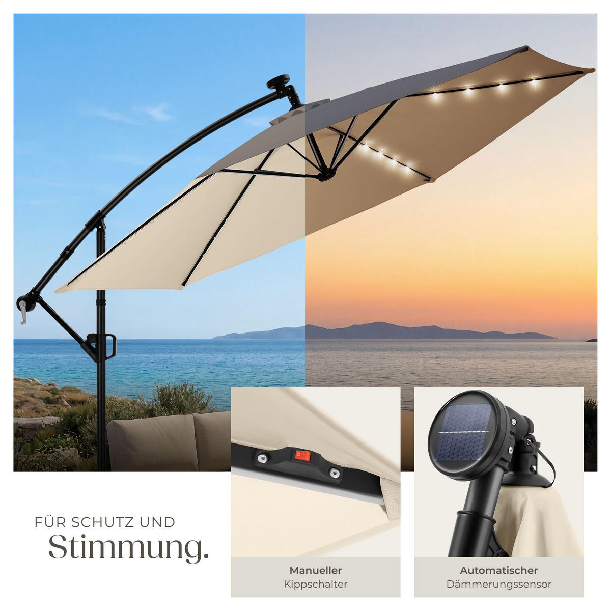 AMPELSCHIRM Artemis, mit LED Solar-Beleuchtung, inkl. Schutzhülle, beige - Beige, Metall (300/300cm) - tectake