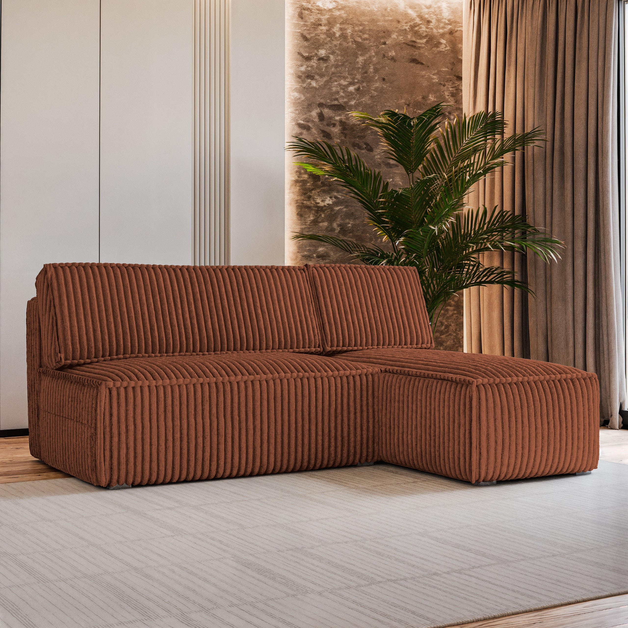 ECKSOFA BRISO T Braun Kordstoff mit Schlaffunktion - Braun, Holz (200/140cm) - MASSENO