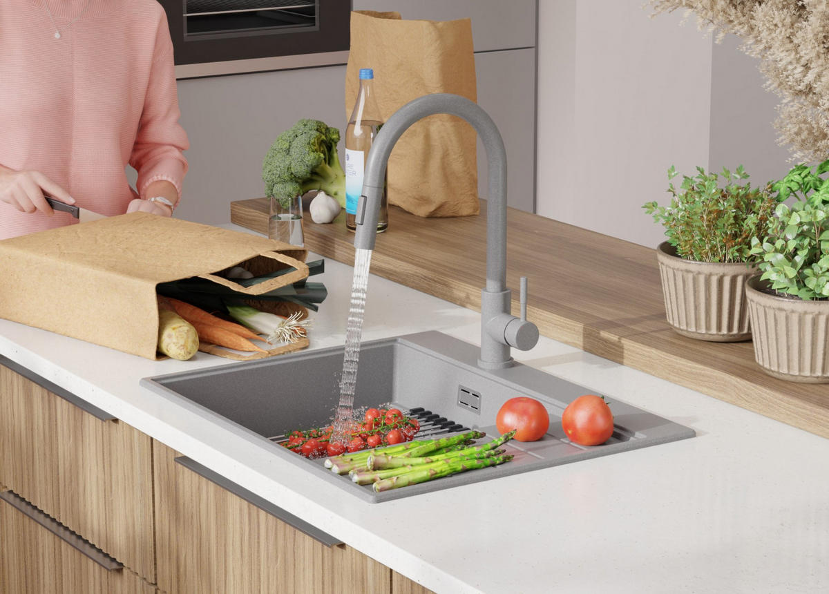 SPÜLBECKEN Sydney, 2-er set Grau 62/50 cm 1 Becken + Ablauf-Set + Küchenzubehörset ab 45er Unterschrank - Chromfarben/Beige, Kunststoff (62/20/50cm) - Primagran