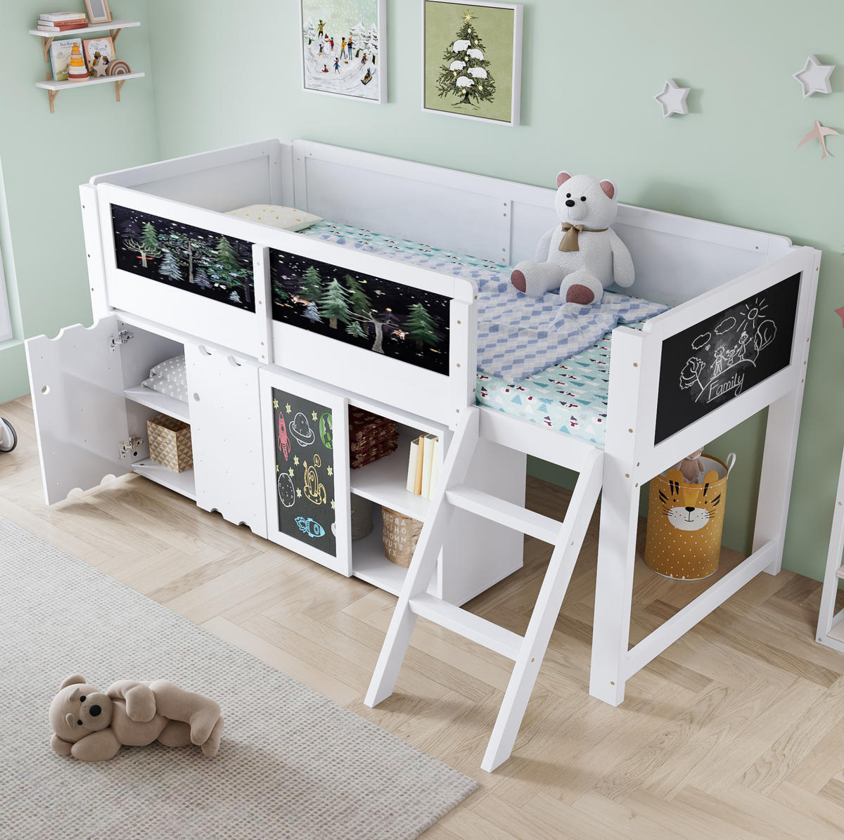HOCHBETT aus Kiefer und MDF 90x200 cm Weiß/Schwarz mit Stauraumschrank, Kreidetafel und Sicherheitsgeländer - Weiß, Holzwerkstoff (90/200cm) - Modfu