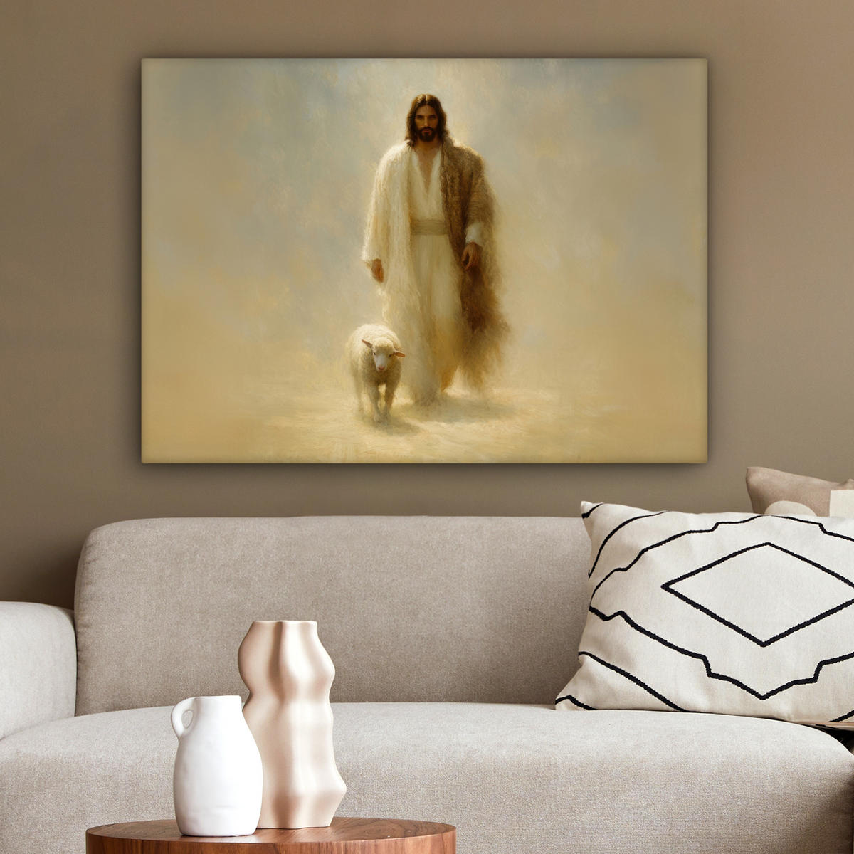 LEINWANDBILD Schaf - Jesus - Pinselstriche - Abstrakt Wandbilder 80x60 cm - Sandfarben, Textil (80/60cm) - MuchoWow