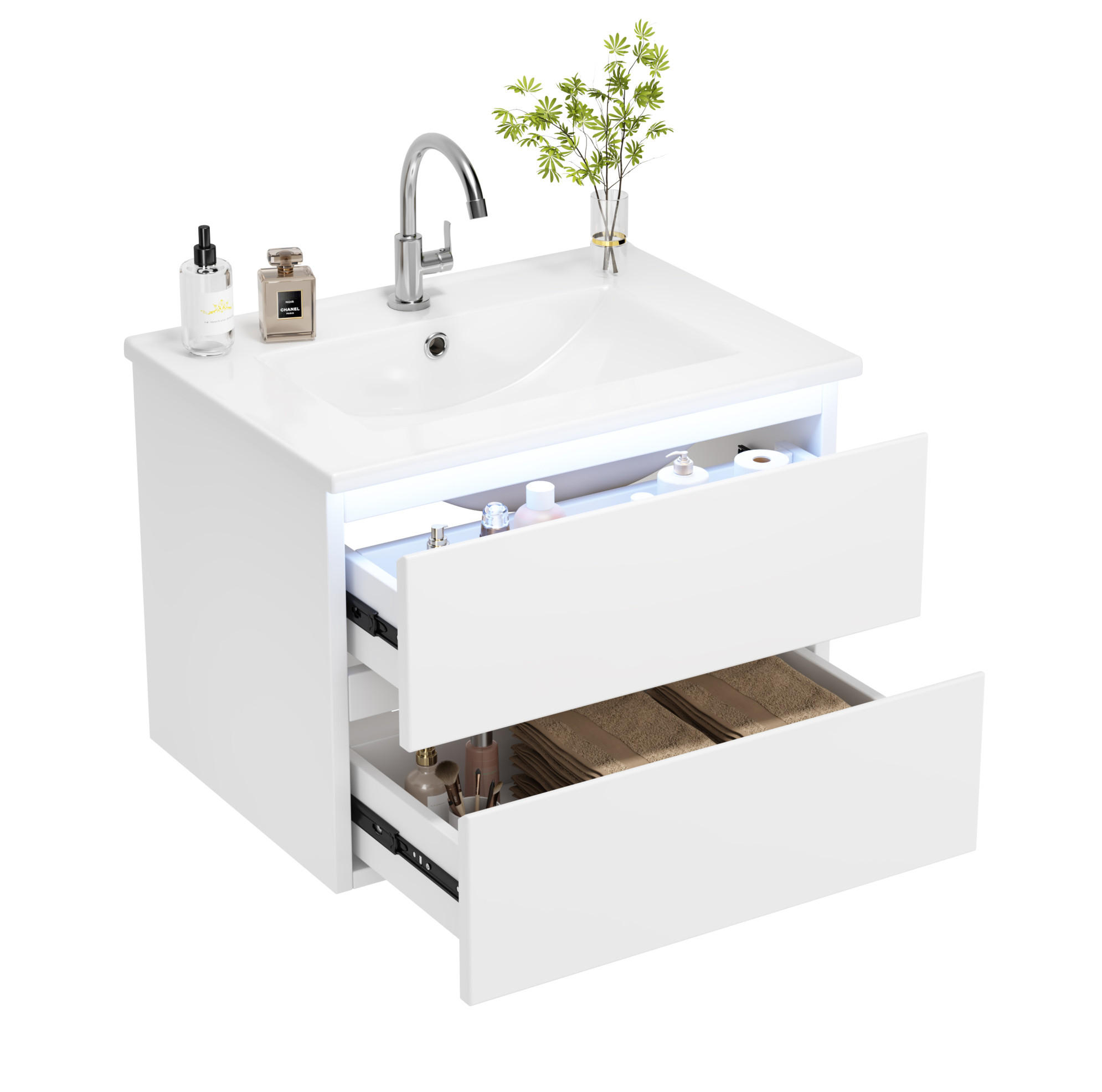 Modfu ZÁVĚSNÁ koupelnová skříňka s umyvadlem z MDF a keramiky 61x46x45 cm bílá s LED senzorovým osvětlením a 2 zásuvkami