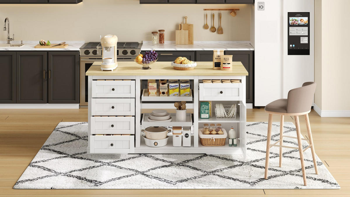 SIDEBOARD mit 5 Schubladen, 2 Ausziehböden und klappbarer Erweiterungsplatte, integrierte Steckdosen, 150/65/75 cm, Weiß und Natur - Weiß, Holzwerkstoff (150/75/65cm) - Redom