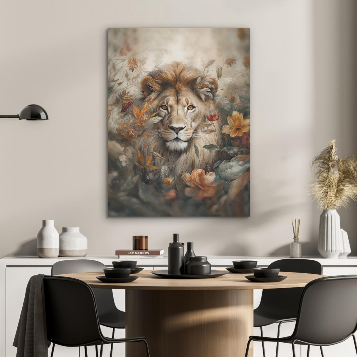 AKUSTIKPANEEL Löwe - Wildtiere - Pflanzen - Natur - Blumen 60x80 cm - Beige, Textil (60/0.9/80cm) - MuchoWow