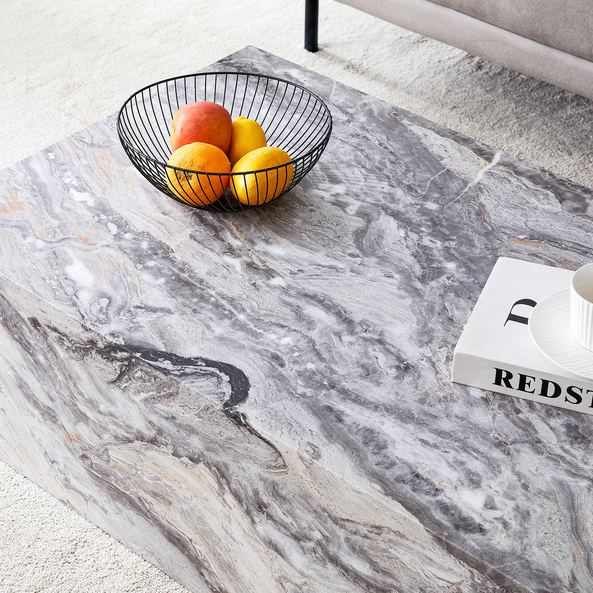 COUCHTISCH 90/50/30 cm grau aus Holzwerkstoff mit Marmorimitat-Oberfläche ohne Montage - Grau, Holzwerkstoff (90/50/30cm) - OKWISH