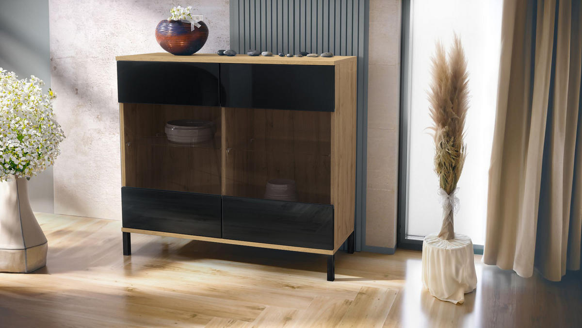 KOMMODE Bari Schwarz Hochglanz - Schwarz Hochglanz, Holzwerkstoff (92.5/83.5/35cm) - Vladon