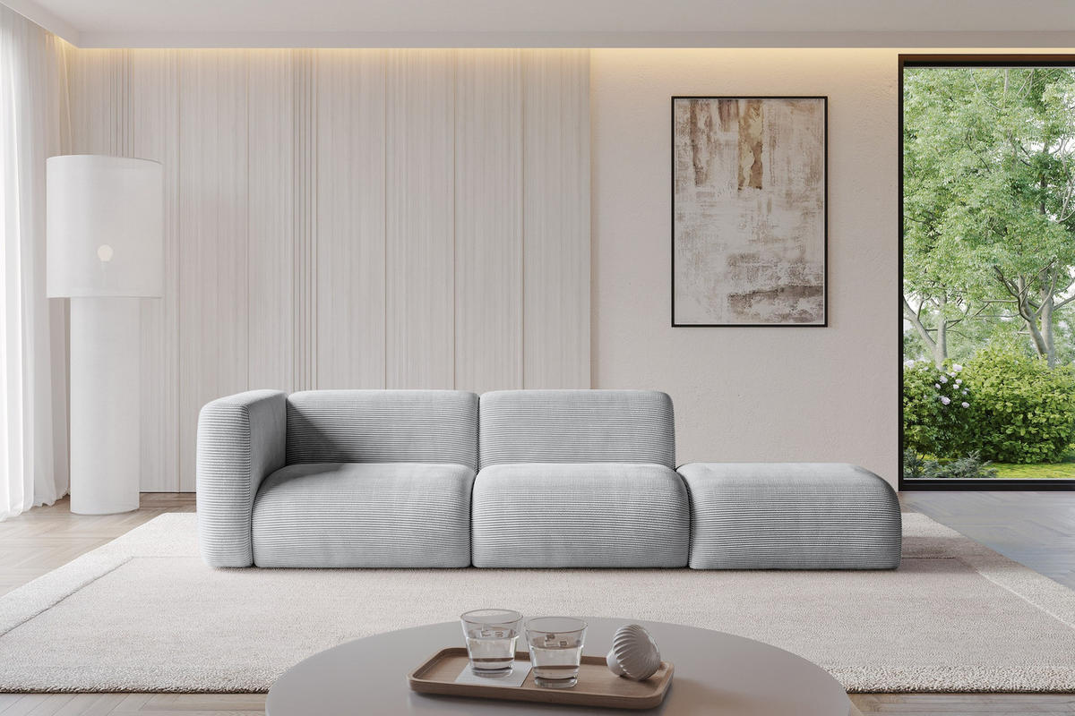 SOFA Ottomane Links MIRA-S3 296x89x70 Grau Cord - Blaugrau/Schwarz, Holzwerkstoff/Kunststoff (296/70/89cm) - ALTDECOR