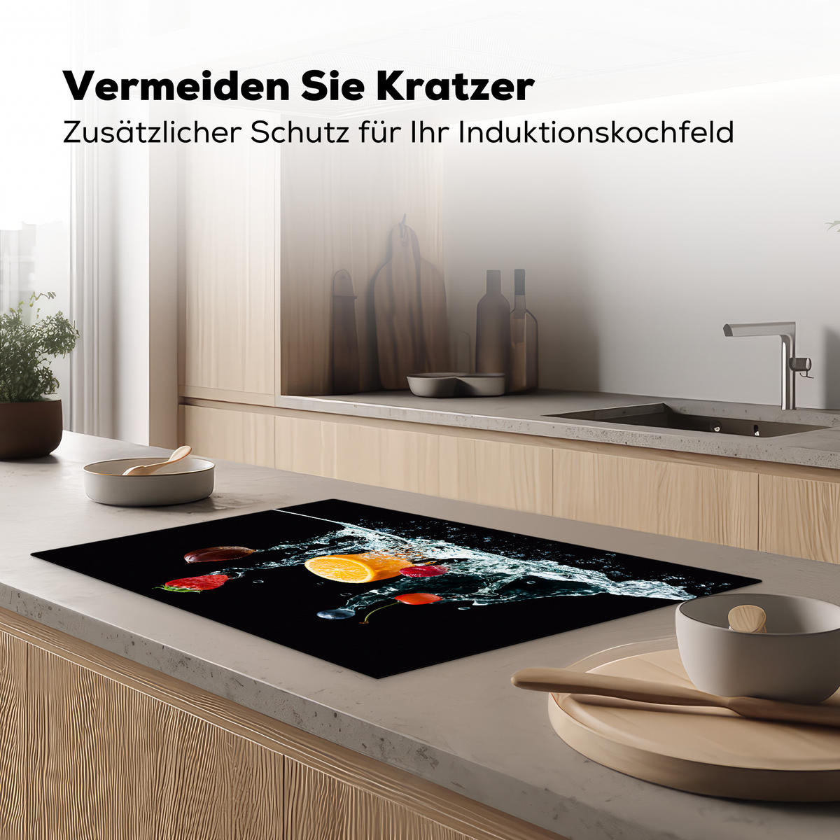 HERDABDECKPLATTE Wasser - Obst - Orange - Erdbeere - Kirsche - Schwarz 81x52 cm - Orange, Kunststoff (81.6/0.2/52.7cm) - MuchoWow