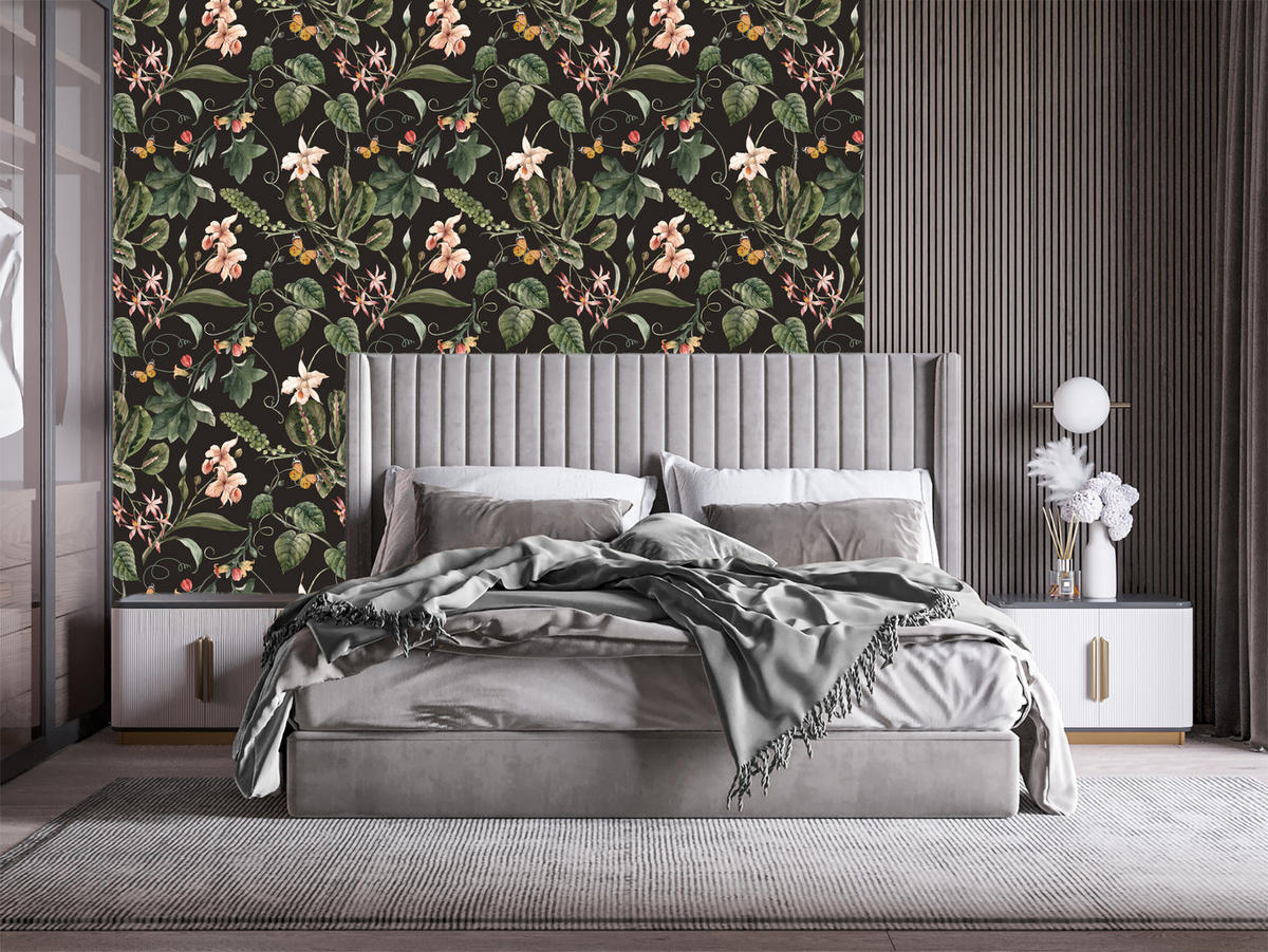 VLIESTAPETE Exotische Blüten und Pflanzen – Rosa, Grün, Schwarz – 50x1000 cm - Schwarz/Rosa, Papier (50/1000cm) - Muralo