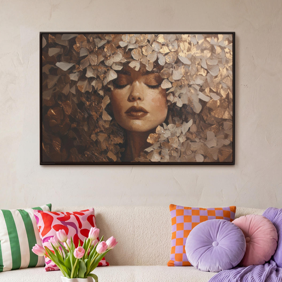 LEINWAND Bilder mit Rahmen - Gesicht - Dame - Blätter - Pinselstriche - 90x60 - Goldfarben, Textil (90/60cm) - MuchoWow