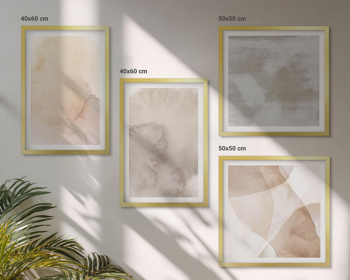WANDBILDER 4er Set - 50x50 cm & 40x60 cm Goldrahmen - Warme Aquarell-Pastelltexturen - Goldfarben, Kunststoff (50/50cm) - ArtPrintCave