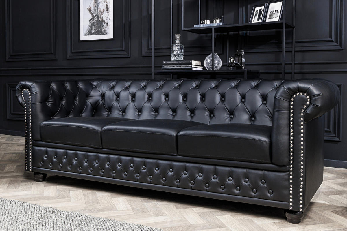3-SITZER SOFA CHESTERFIELD Kunstleder Schwarz 205 cm - Dunkelbraun/Schwarz, Holz/Textil (205/73/85cm) - riess-ambiente