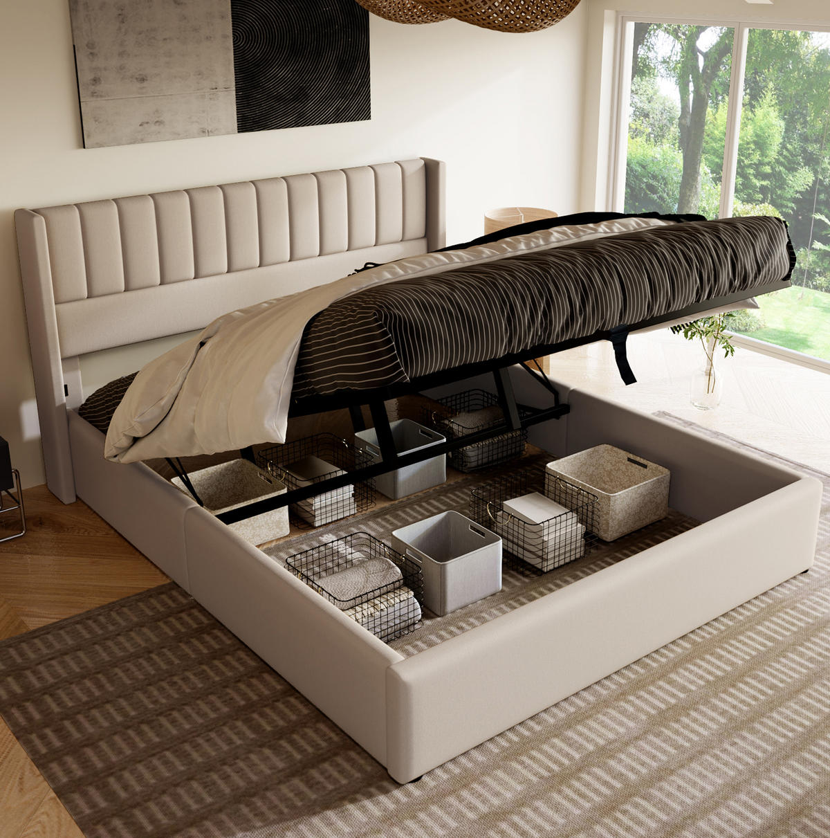 POLSTERBETT mit Bettkasten 160x200 cm Leinen Beige - Beige, Metall (160/200cm) - Meubliv