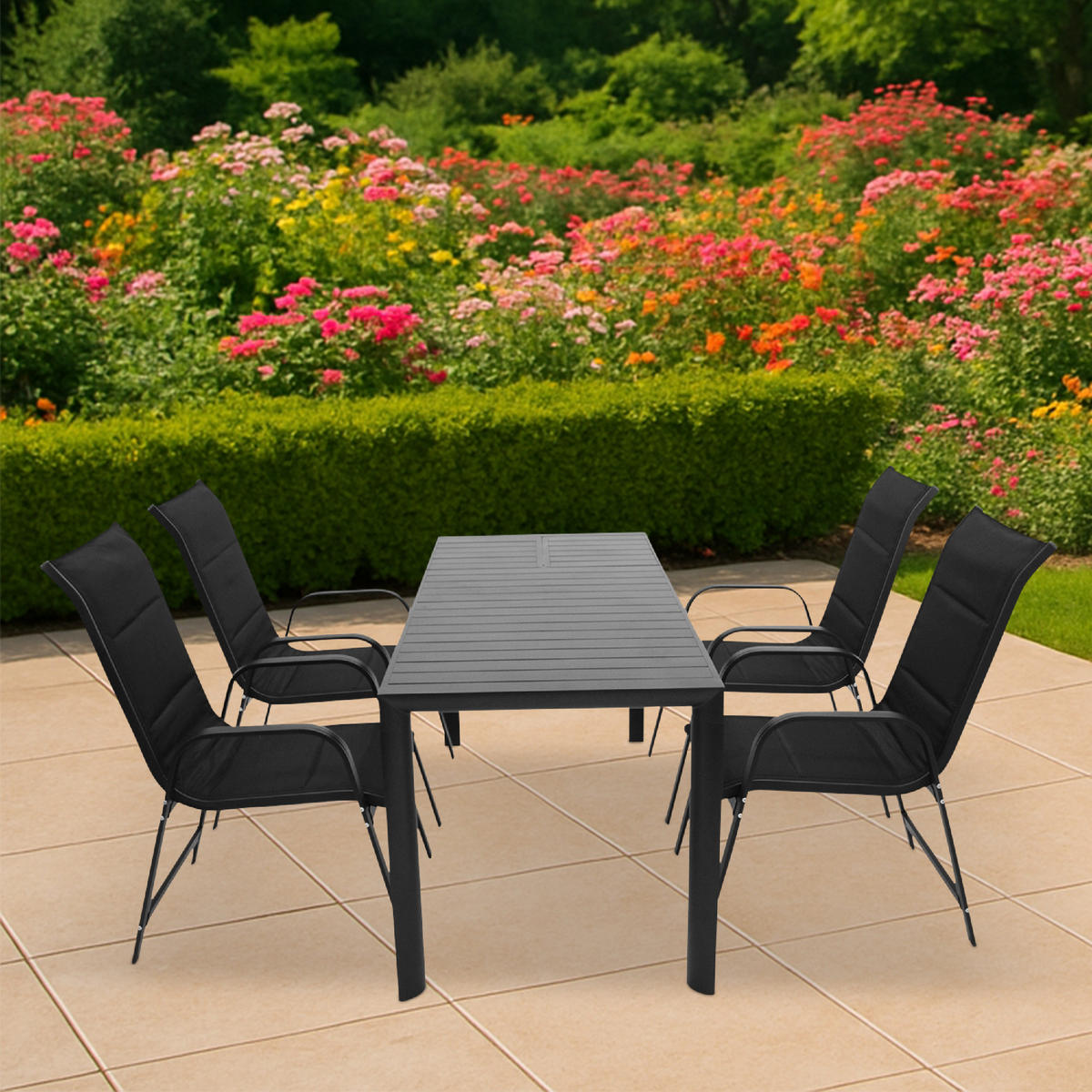 GARTEN-GARNITUR Ashford - 5-teilige Garten-Essgruppe (4x Stapelsessel Hochlehner Aluminium dunkelgrau + Textilgewebe gepolstert schwarz - Schwarz, Metall - TPFGarden