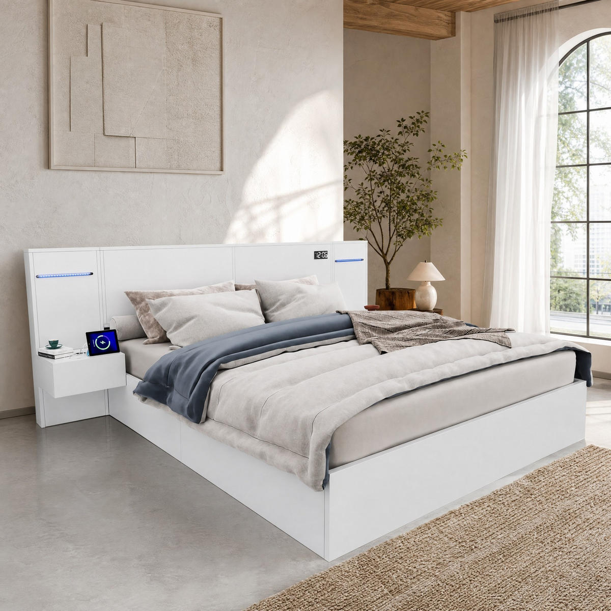 JUGENDBETT 180/200 mit USB, Bluetooth-Lautsprecher und Farblichtleiste in Weiß - Weiß, Holzwerkstoff/Metall (180/200cm) - EVRYAE