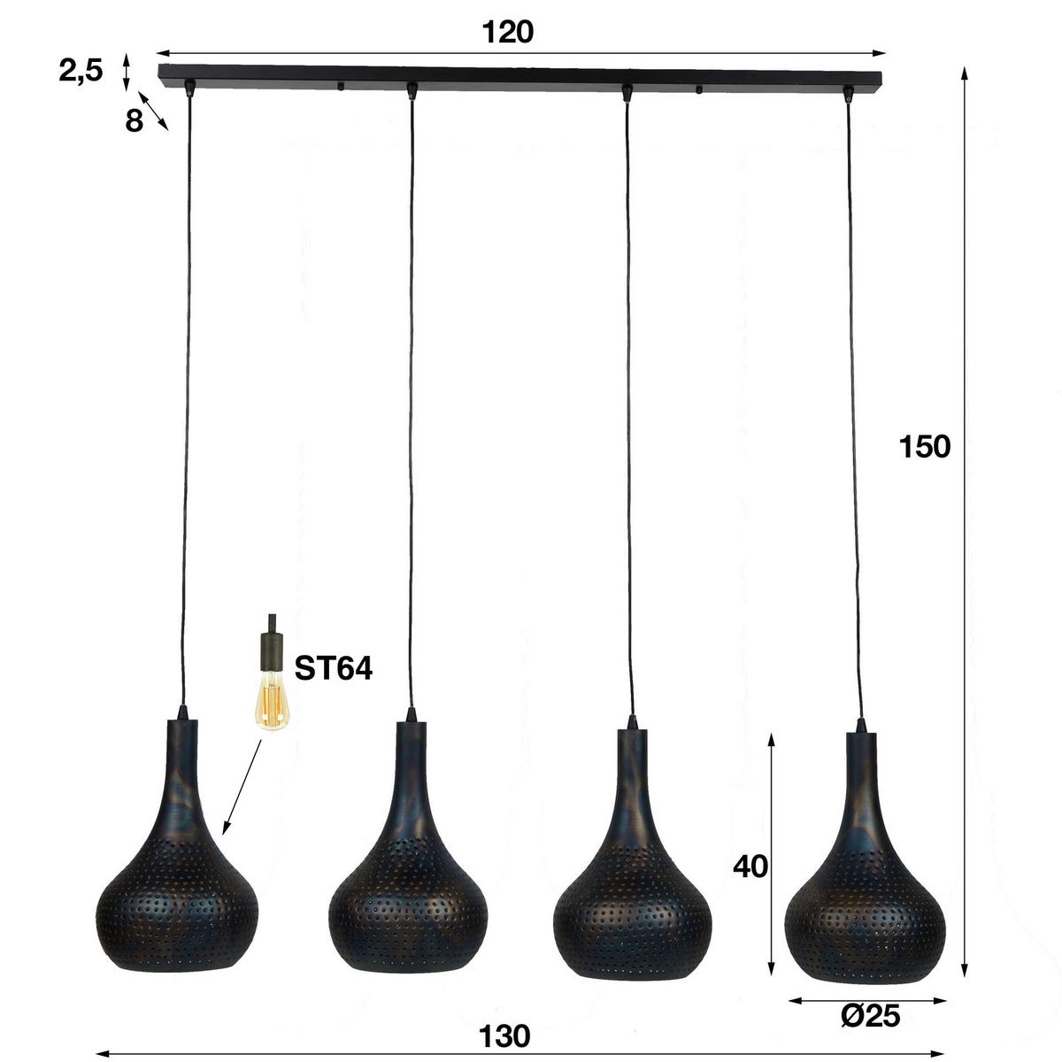 HÄNGELEUCHTE Punch Grau 130/25/ 150 cm - Braun, Metall (130/25/150cm) - Hoyz Collection
