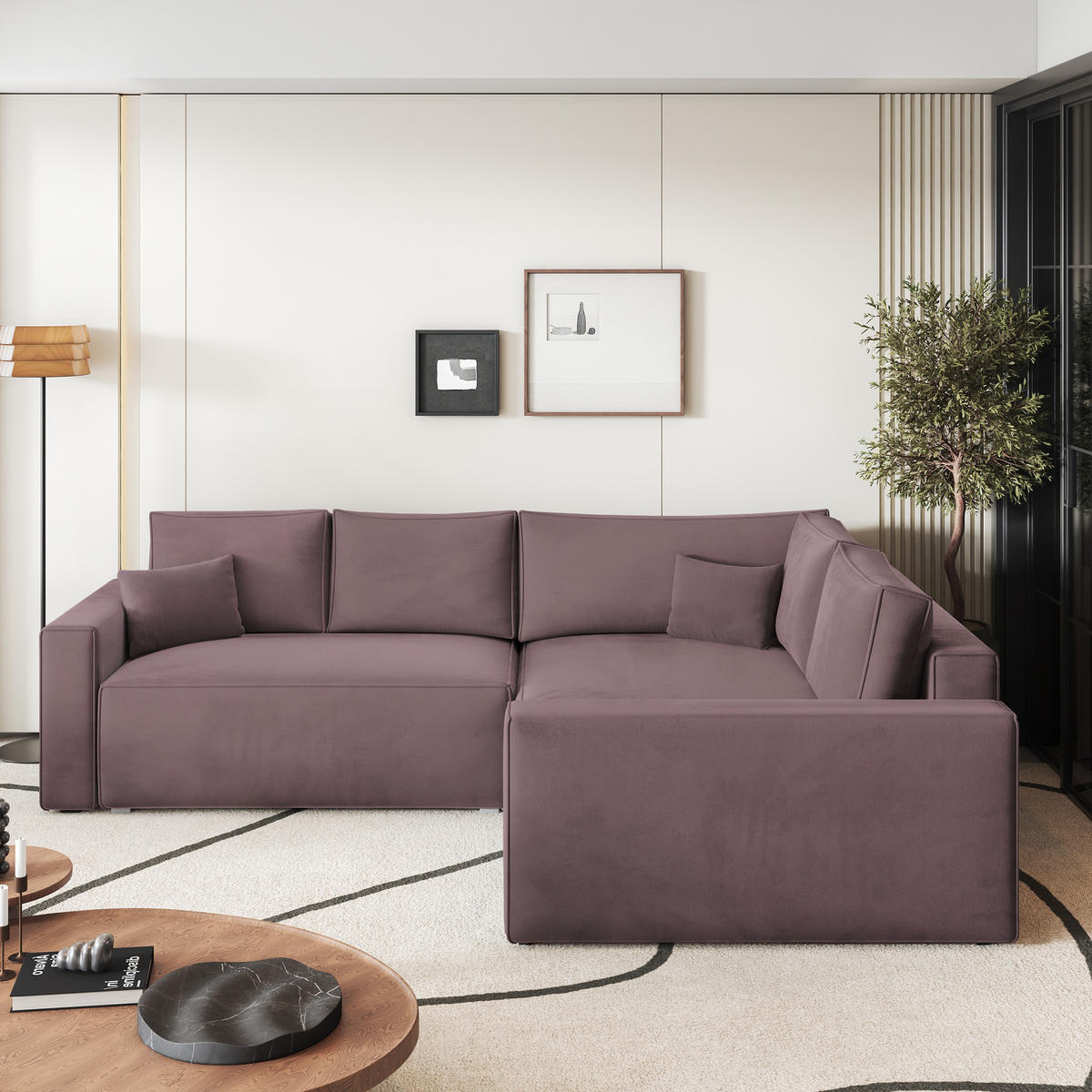 ECKSOFA ERONIS R-S Lila Velours-Stoff mit Schlaffunktion - Lila, Holz (265/194cm) - MASSENO