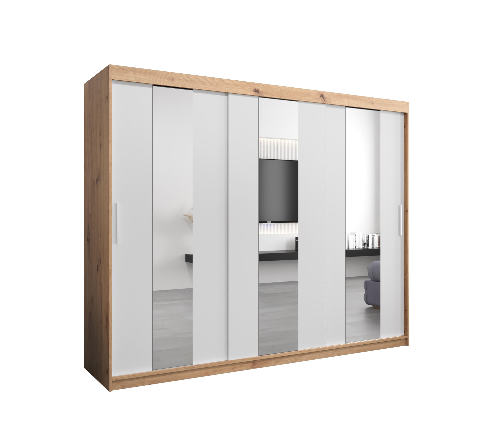 Abiks Möbel SCHWEBETÜRENSCHRANK Eiche Artisan, Weiß 250cm × 62cm × 200cm