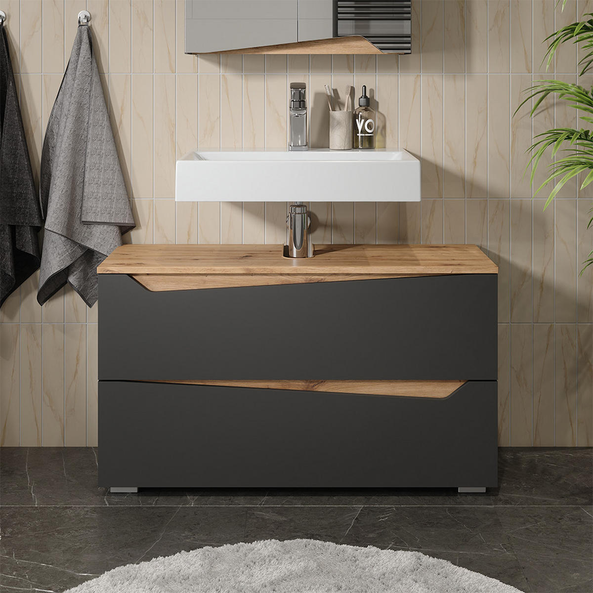 WASCHBECKENUNTERSCHRANK Marelle, Anthrazit/Artisan-Eiche, 100 x 57.5 cm mit 2 Schubladen - Anthrazit/Eiche Artisan, Holzwerkstoff (100/57.5/35cm) - Vicco