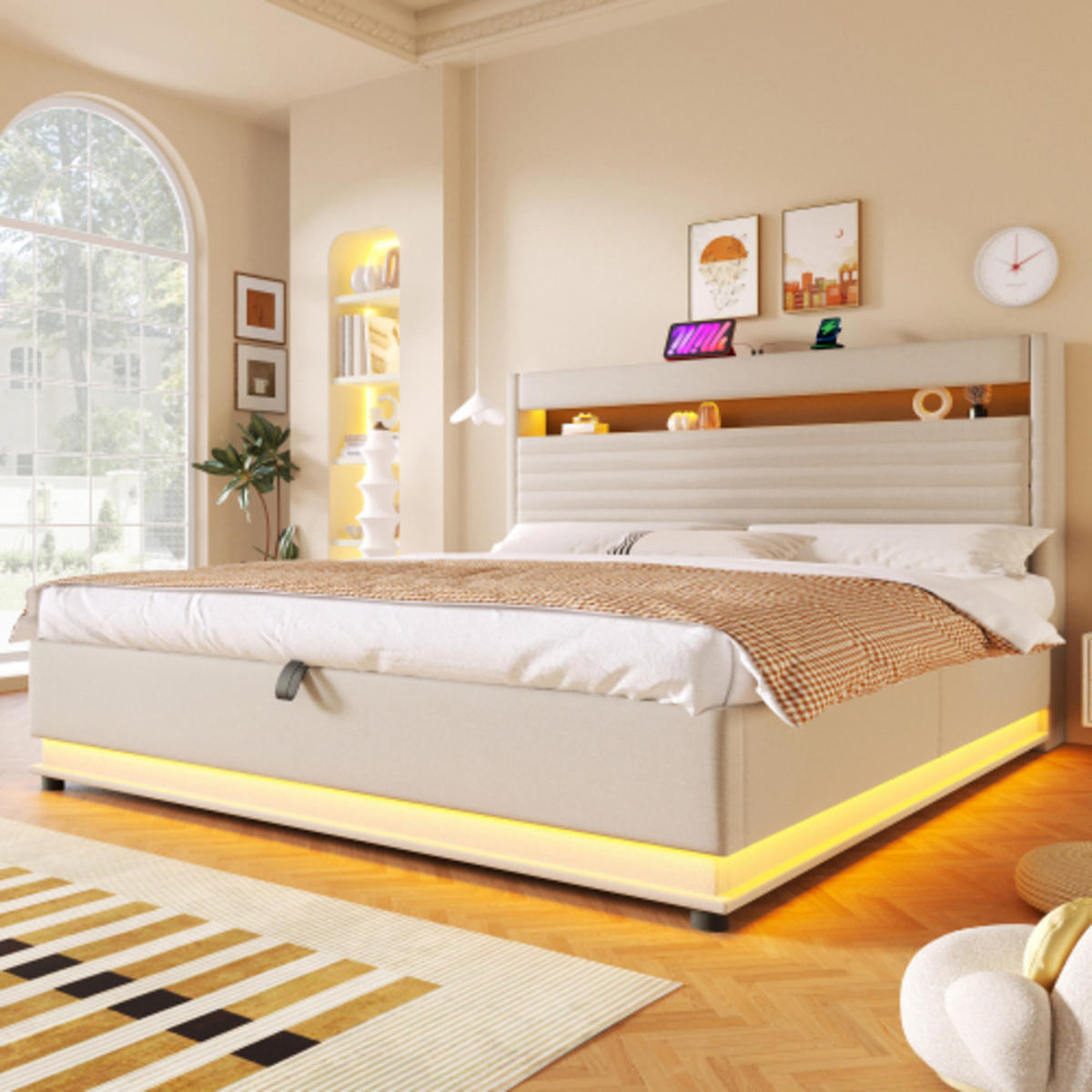 POLSTERBETT beige 218×182×113,5 cm aus Leinen-Stoff mit Hydraulikbettkasten, zweiseitigen LED-Leisten - Beige, Textil (180/200cm) - Luhomfu