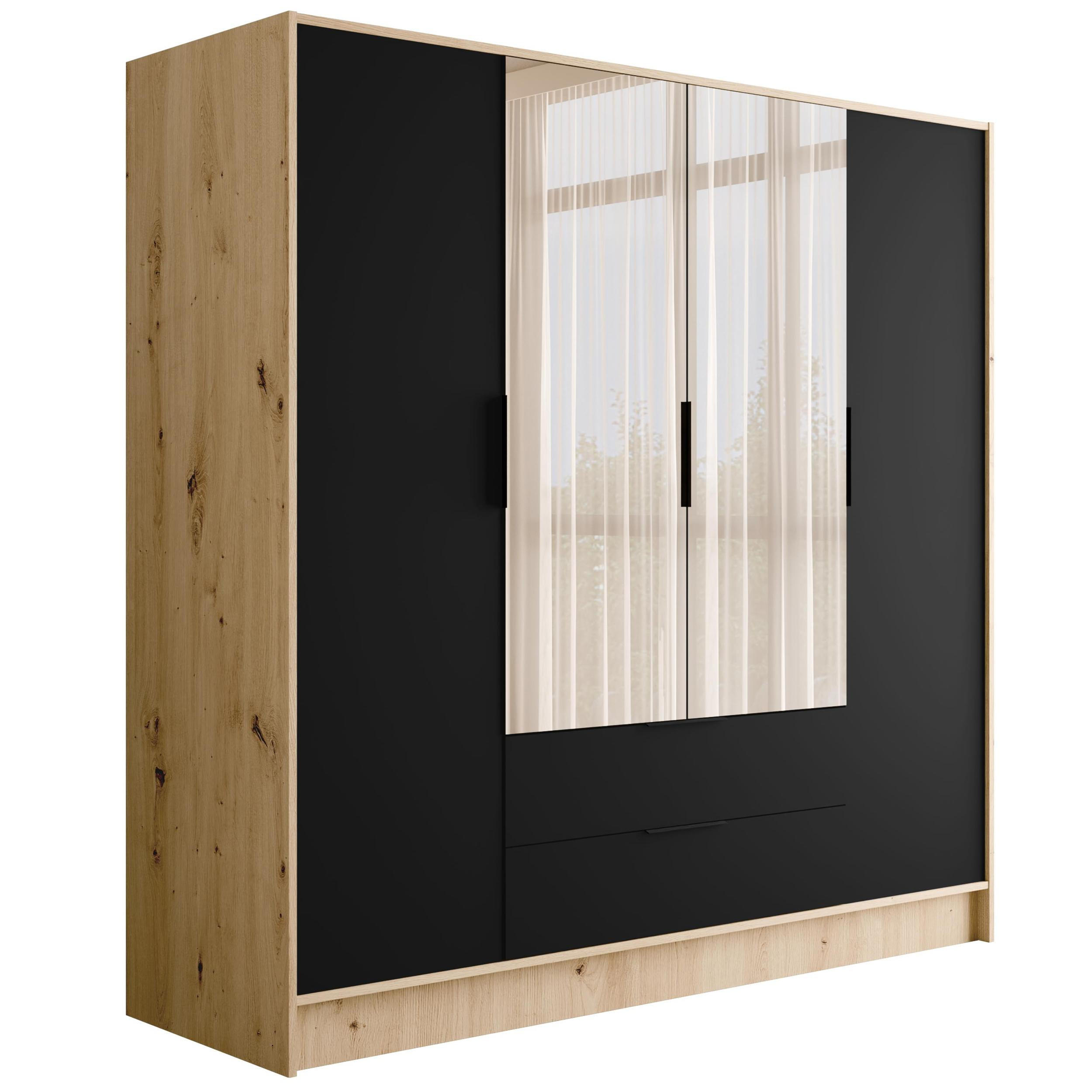 KLEIDERSCHRANK mit Spiegel und Flügeltüren KOLIN 200x200cm Artisan/Schwarz - Schwarz/Eiche Artisan, Holzwerkstoff (200/200/51cm) - ALTDECOR