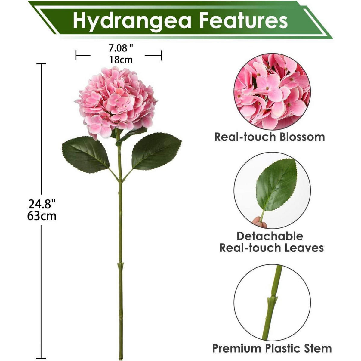 KUNSTBLUME Hortensie Real-Touch 2 Stück Light Pink 63 cm - Rosa, Kunststoff (10cm)