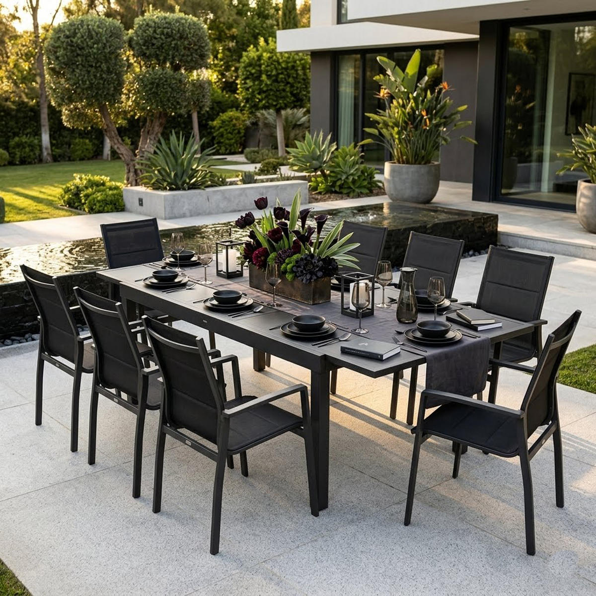 GARTEN-GARNITUR Ashford - 7-teilige Garten-Essgruppe (6x Stapelsessel mit Aluminiumgestell schwarz, Bespannung Textillehne schwarz - Schwarz, Metall - TPFGarden
