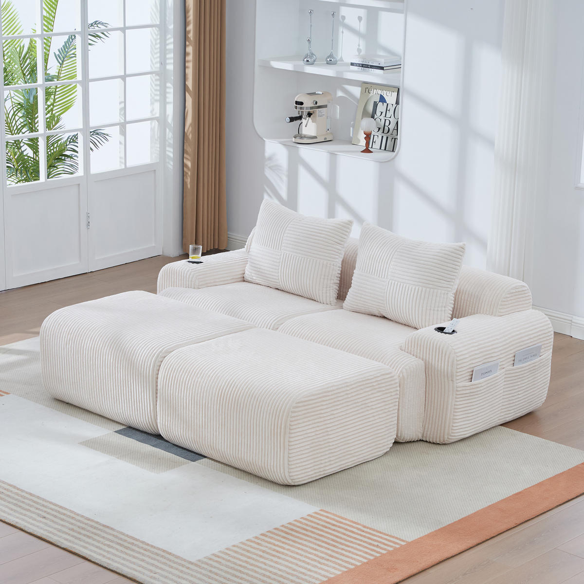 MODULARES 2-Sitzer Sofa Cordstoff mit Getränkehalter und Seitentasche 200/174/80 cm Beige - Beige, Textil (174/80/200cm) - Redom