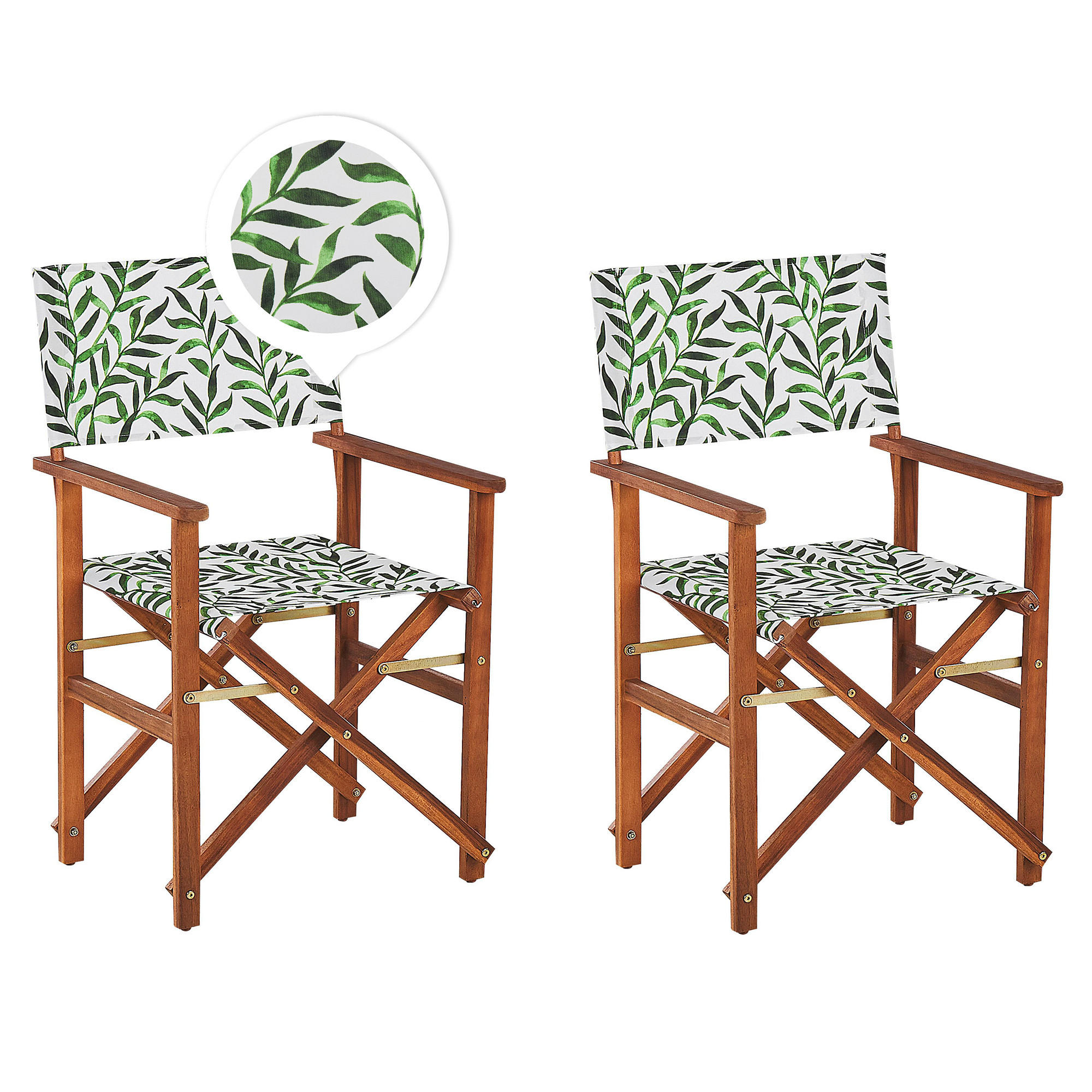 GARTENSTUHL 2er-Set Akazienholz dunkelbraun Auflagen grau/grün Blattmuster Cine - Dunkelbraun/Grau, Holz (50/91/50cm) - Beliani