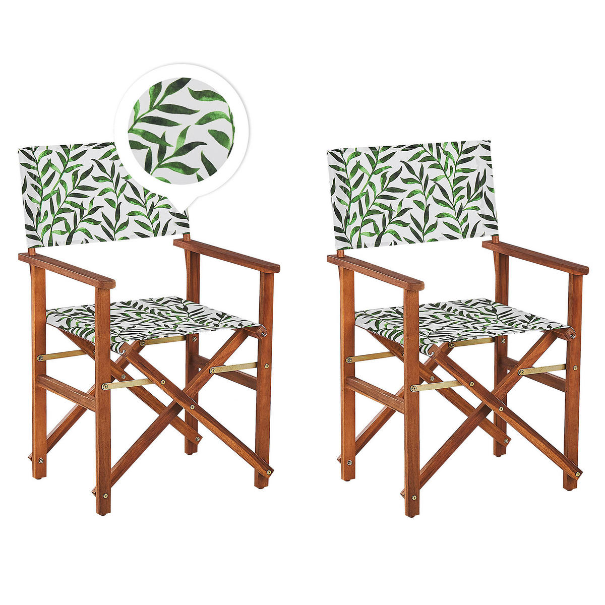 GARTENSTUHL 2er-Set Akazienholz dunkelbraun Auflagen cremeweiß/grün Blattmuster Cine - Dunkelbraun/Creme, Holz (50/91/50cm) - Beliani