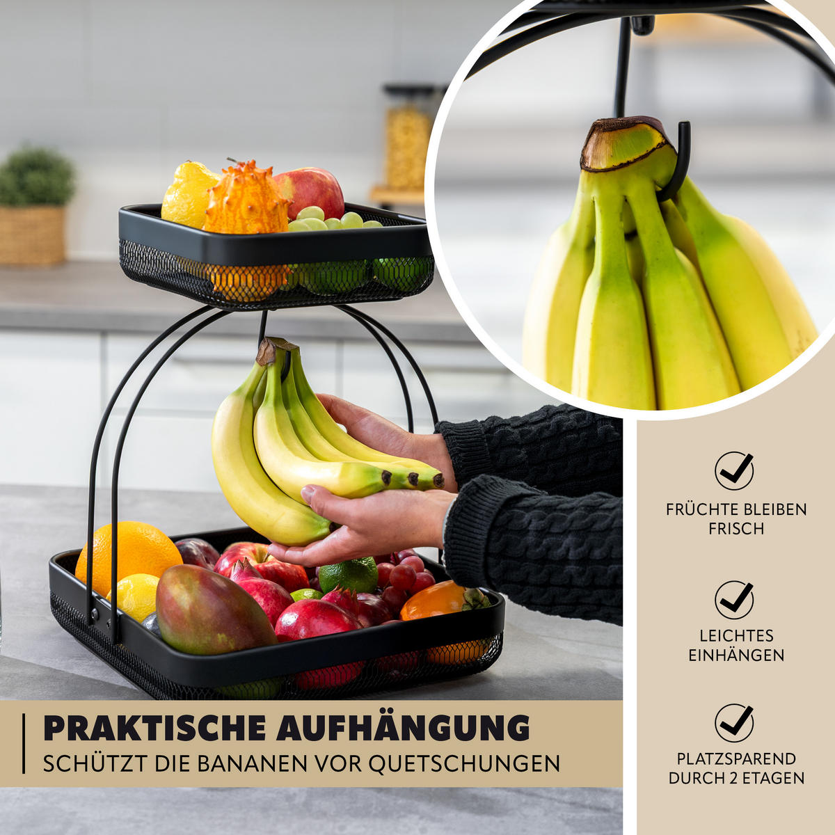 OBSTETAGERE mit Bananenhalter, schwarz, eckig - Schwarz, Metall (31/38.5cm) - eluno