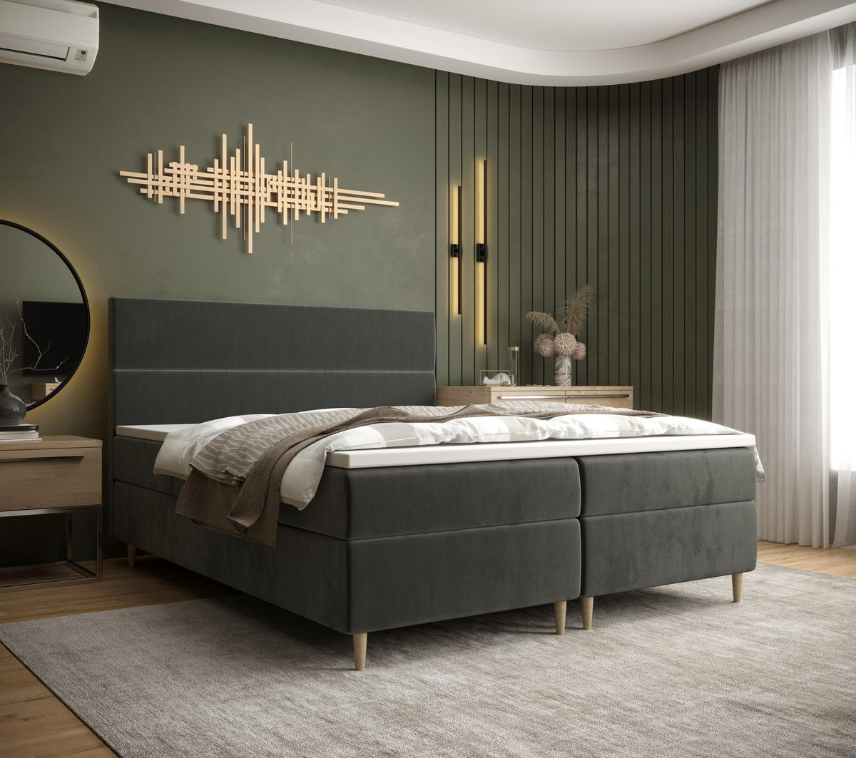 BOXBETT FLO mit Matratze H3, Bonell und Topper 160x200 Itaka 27 - Dunkelgrau, Holz/Textil (160/200cm) - Bedante