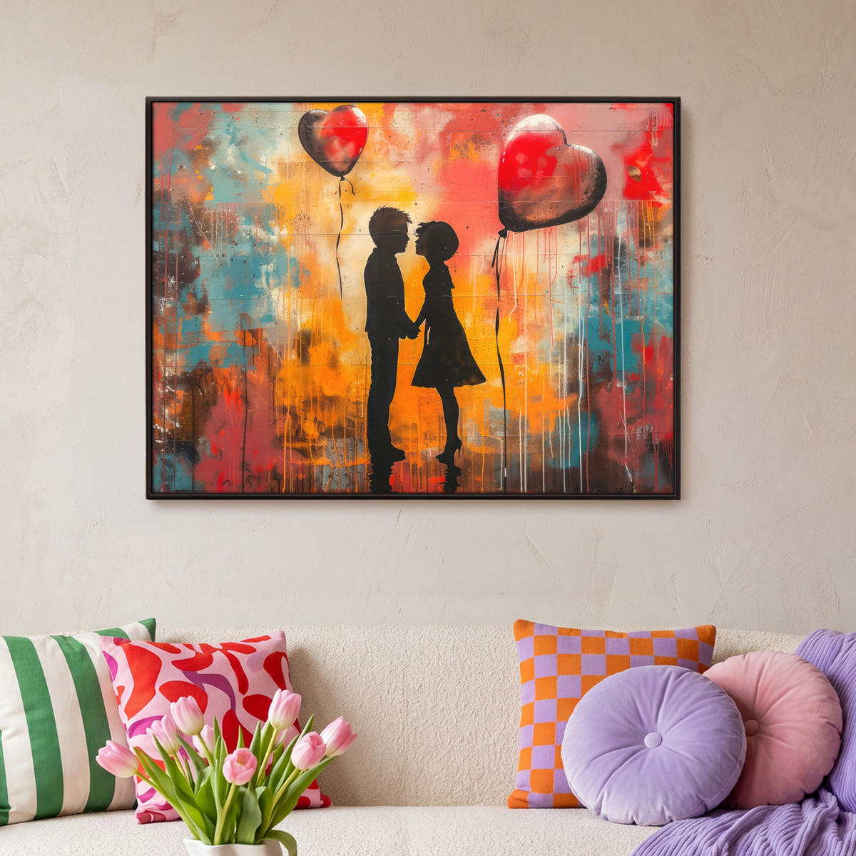 LEINWAND Bilder mit Rahmen - Straßenkunst - Liebe - Graffiti - Kunst - Banksy - 100x70 - Orange, Textil (100/70cm) - MuchoWow