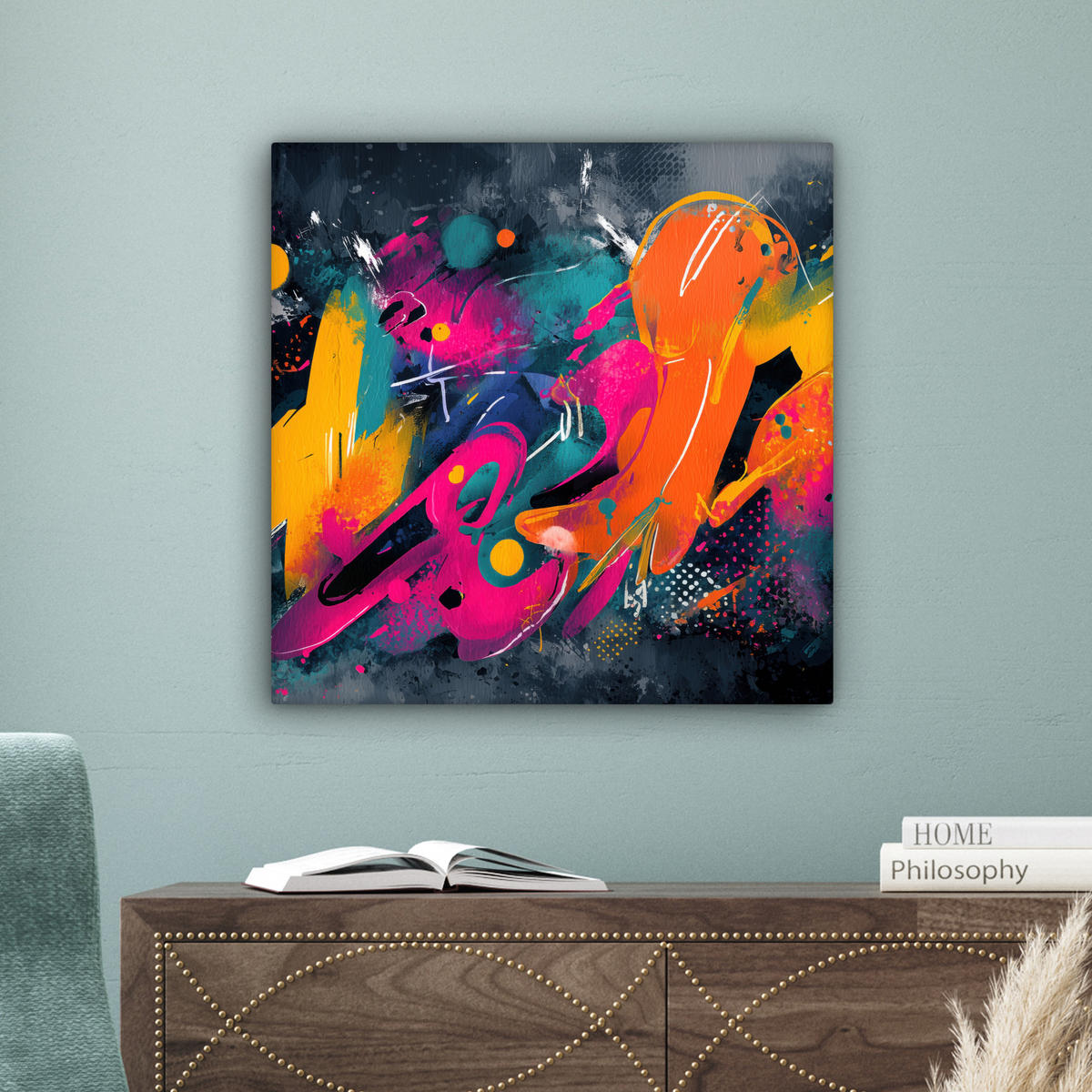 LEINWANDBILD Abstrakt - Graffiti - Farbenfroh - Farbspritzer Wandbild Wohnzimmer 50x50 cm - Multicolor, Textil (50/50cm) - MuchoWow