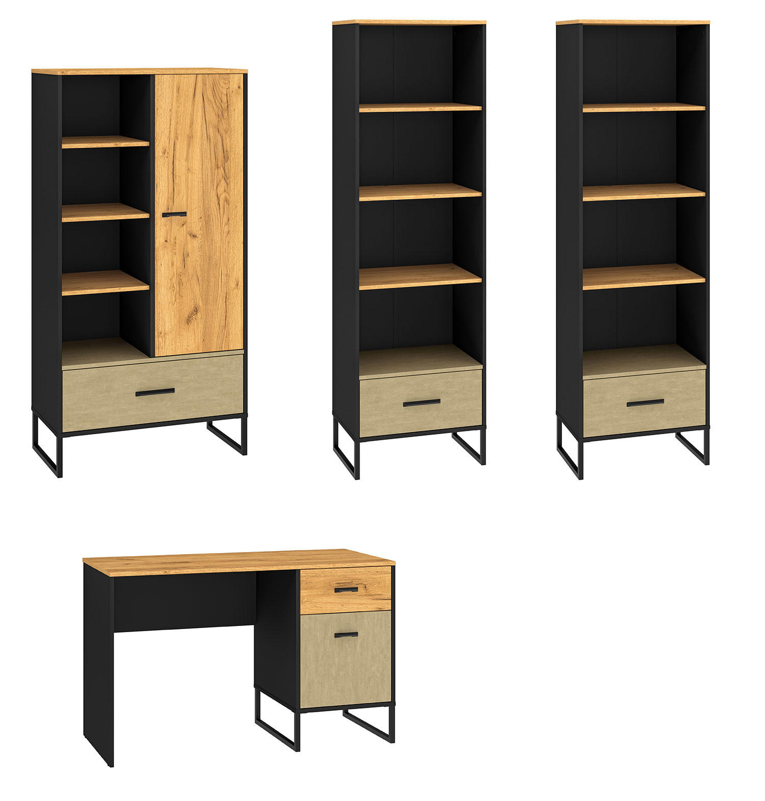 JUGENDZIMMER-SET Colt schwarz / Craft Gold Eiche / Premium Steel 4-teilig - Eichefarben/Braun, Holz/Holzwerkstoff (316/190/55cm) - Feldmann-Wohnen