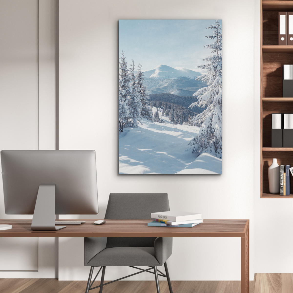 AKUSTIKPANEEL Winterlandschaft - Natur - Berge - Bäume - Schnee 70x100 cm - Hellblau, Textil (70/0.9/100cm) - MuchoWow