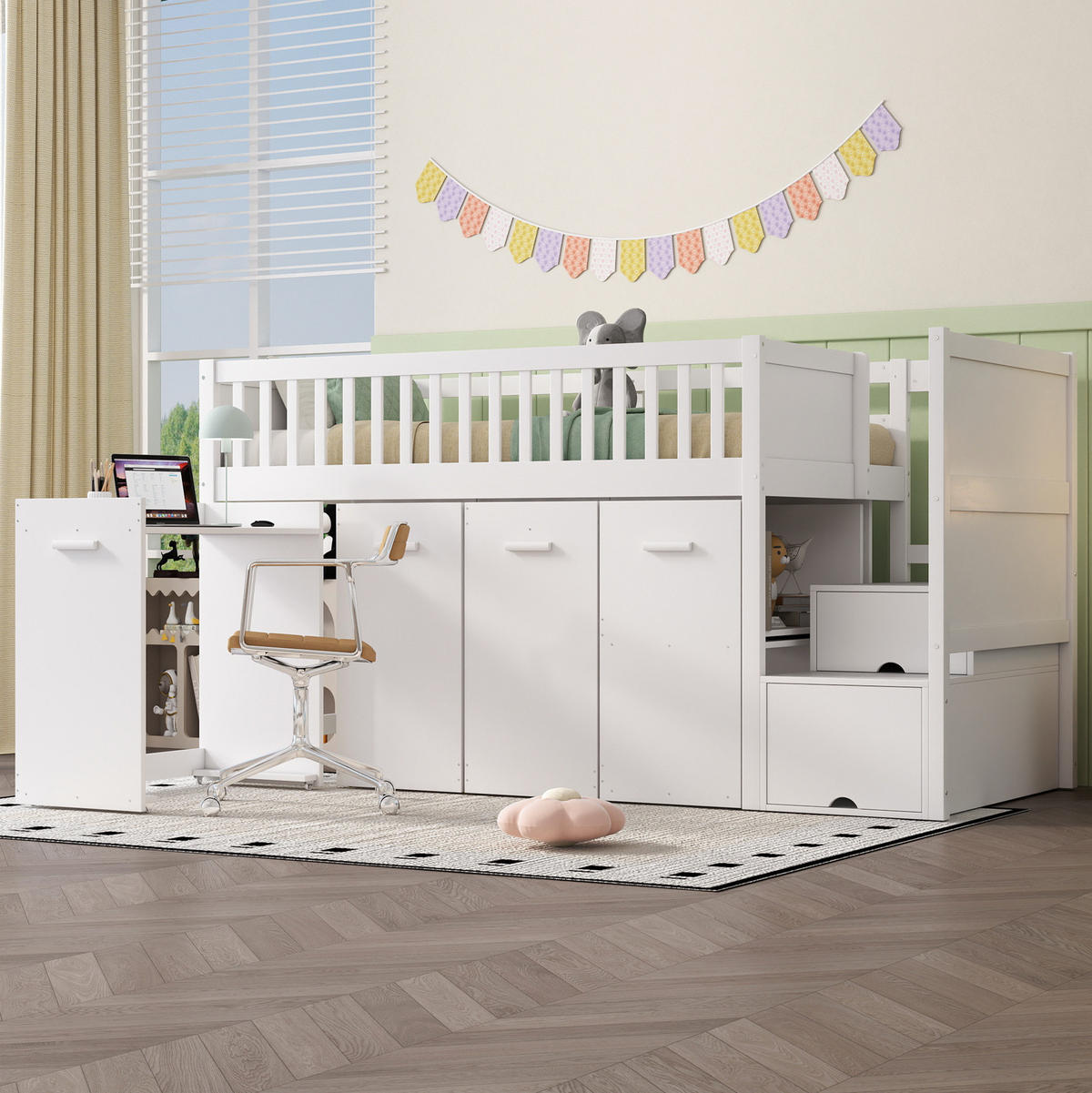 ETAGENBETT 90/200 cm Weiß mit Schreibtisch und Stauraumtreppe - Weiß, Holzwerkstoff (90/200cm) - Flora Grace
