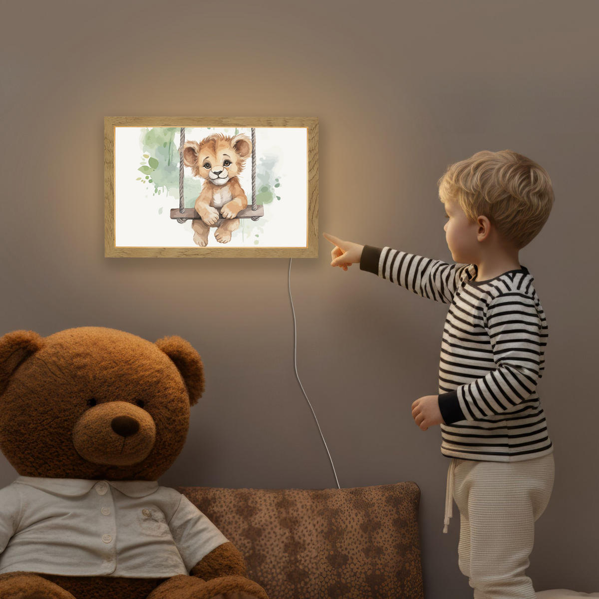 NACHTTISCHLAMPE Löwe - Tier - Kinder - Dschungel 30x20 cm - Weiß, Holzwerkstoff (8/30/20cm)