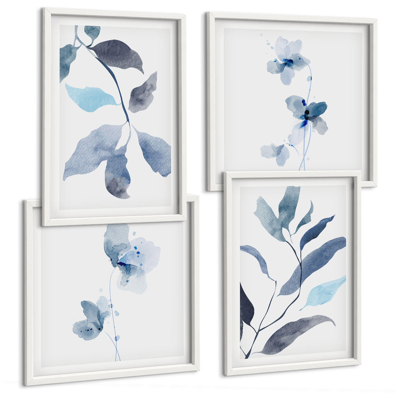 BILDER SET 4er Set - 50x50 cm & 40x60 cm Weißer Rahmen - Aquarell von blauen Blättern - Weiß, Kunststoff (50/50cm) - TULUP
