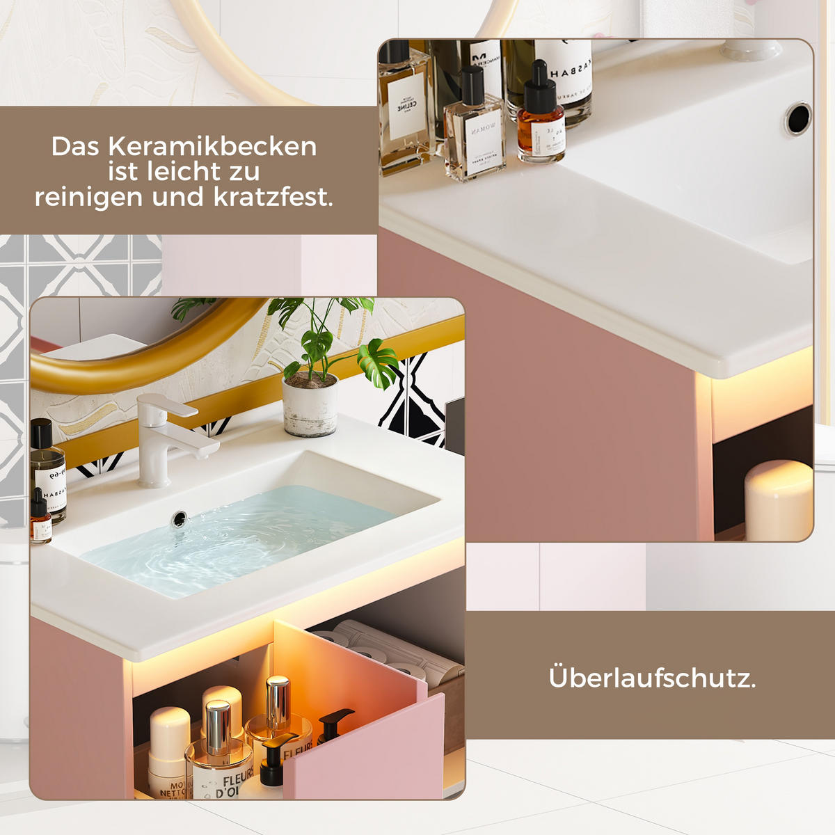 WASCHTISCHUNTERSCHRANK Rosa mit LED-Sensorlicht - Pink, Holzwerkstoff (76/89/47cm) - Urban Meuble