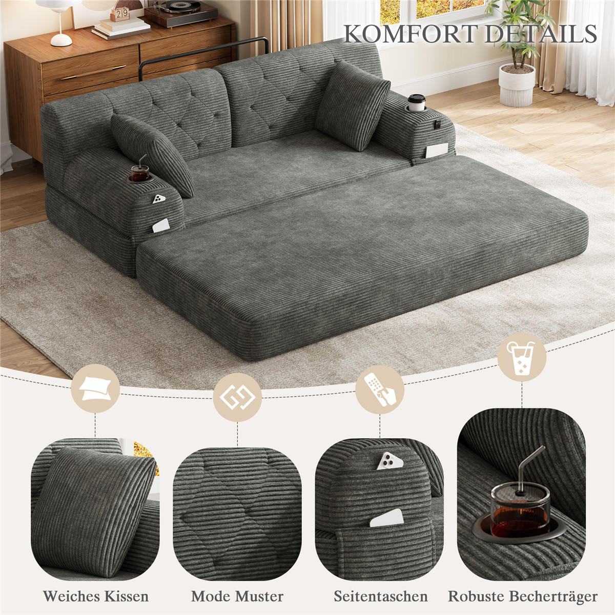 SCHLAFSOFA 2-Sitzer Cord Schlafcouch mit Stauraumtaschen, Grau - Grau, Textil (168/81/80cm) - Kaket