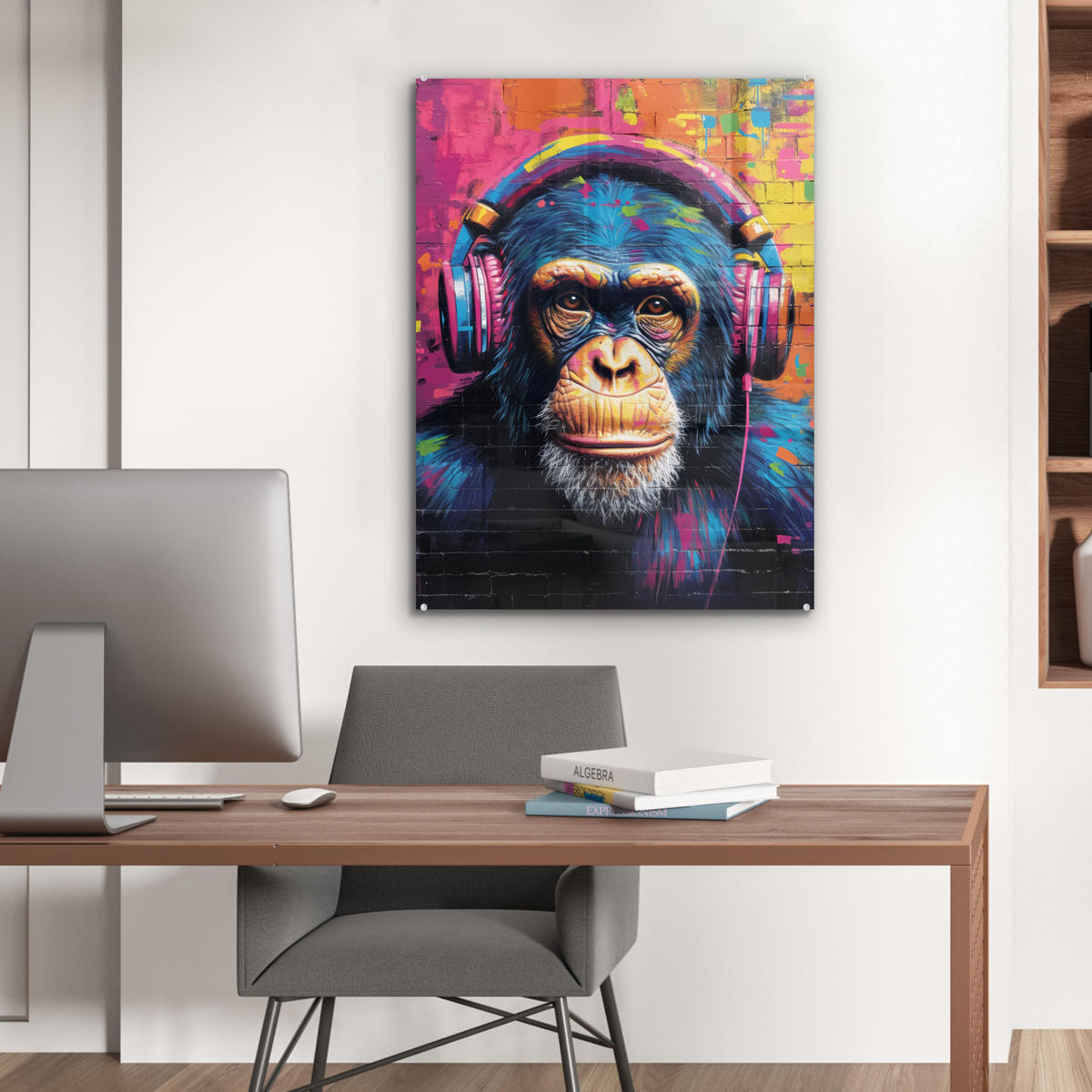 ACRYLGLASBILD Graffiti - Schimpanse - Straßenkunst - Kopfhörer - Affe 60x80 cm - Blau, Glas (60/80cm) - MuchoWow
