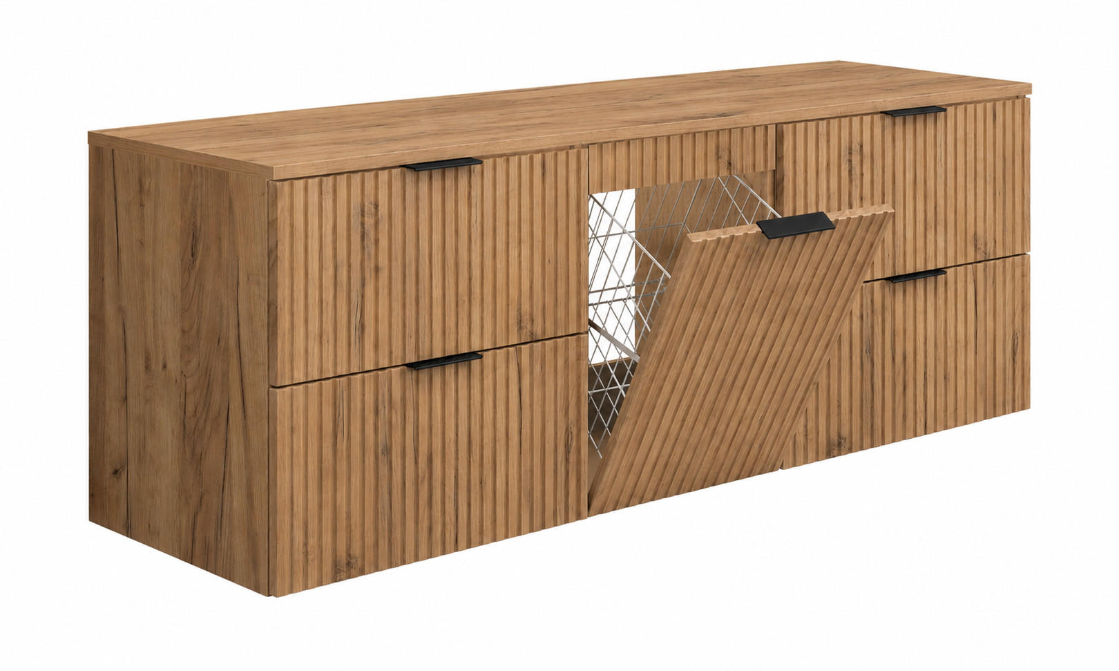BADMÖBEL-SET MIT WÄSCHEKORB: Eiche Craft, Griffe Schwarz, 160 x 46 x 57 cm - Eichefarben/Schwarz, Holzwerkstoff (160/57/46cm) - 3XE LIVING