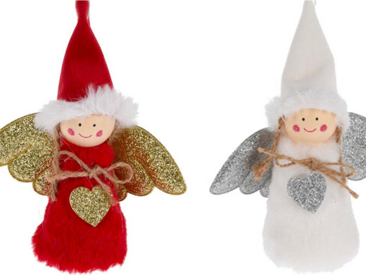 WEIHNACHTSDEKO 2er-Set Engel mit Herz verschiedene Designs, 14 cm - Rot/Goldfarben, Textil (20/10/30cm) - LAALU