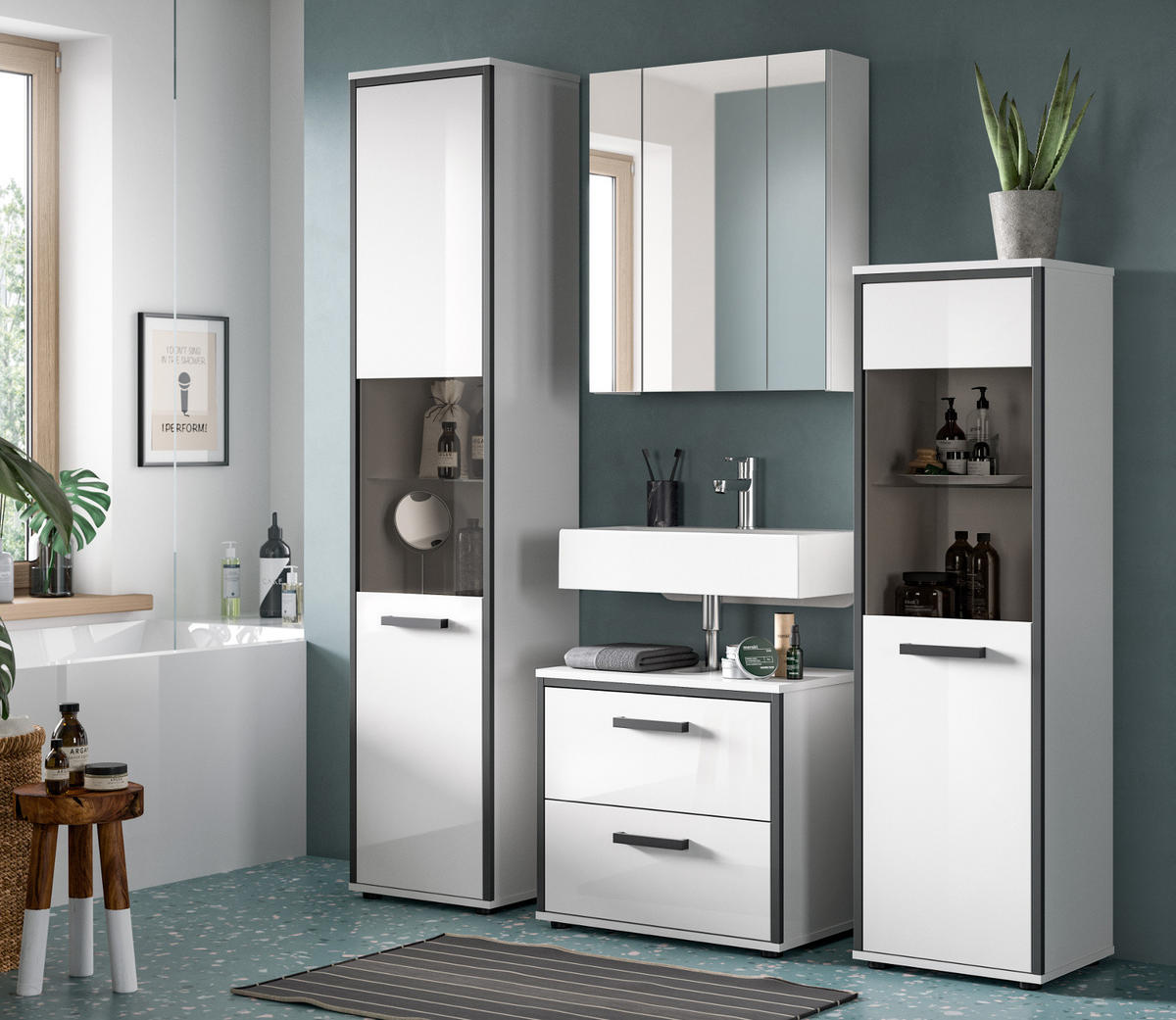 MIDISCHRANK weiß Hochglanz, grau 40 x 139 cm, Badkommode mit wechselbaren Türanschlag - Weiß Hochglanz/Schwarz, Glas/Holzwerkstoff (40/139/34cm) - Inn.Furn