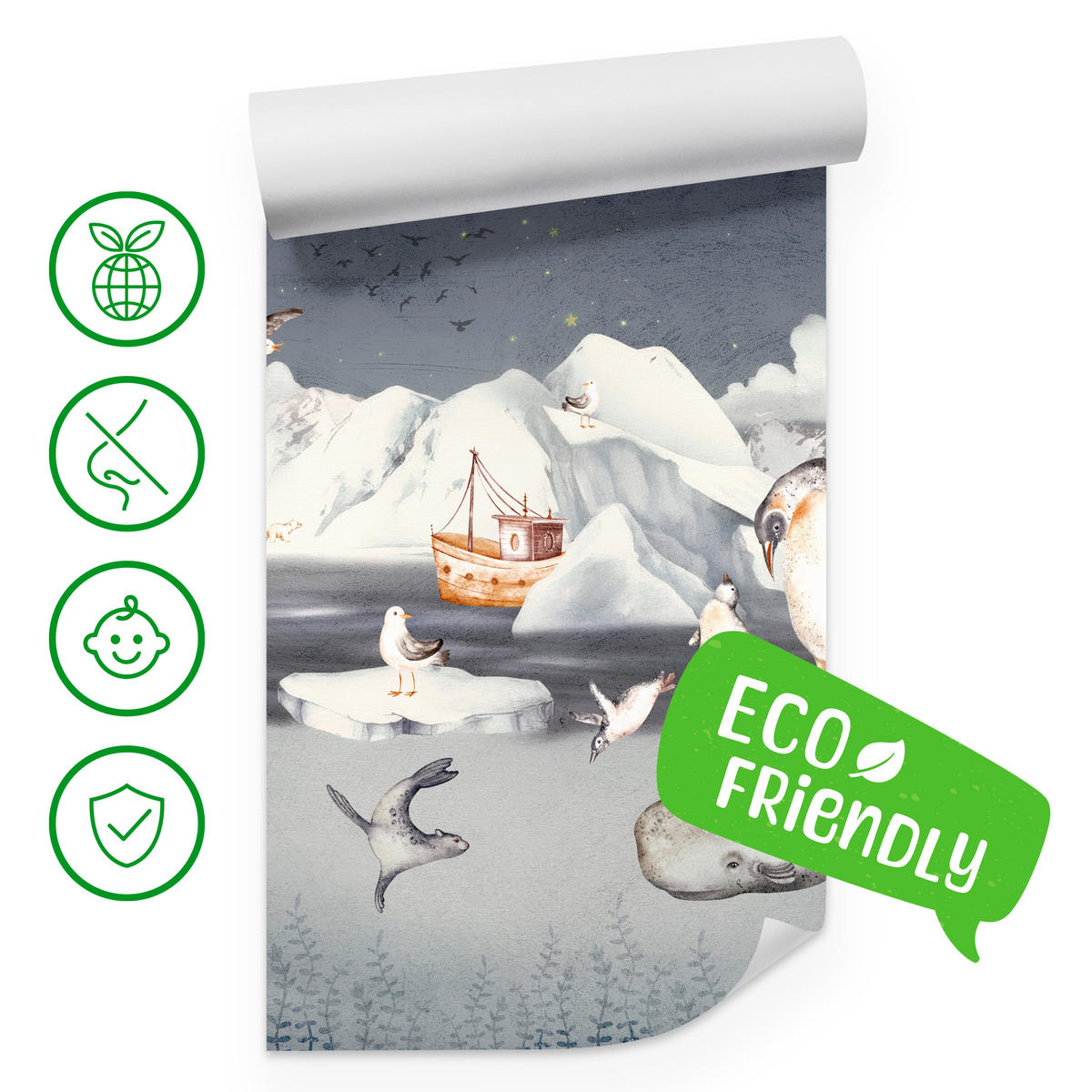 FOTOTAPETE für Kinderzimmer Arktische Tiere Pinguine Robben Mond Gebirge 400x280 - Orange/Weiß, Papier (400/280cm) - Muralo