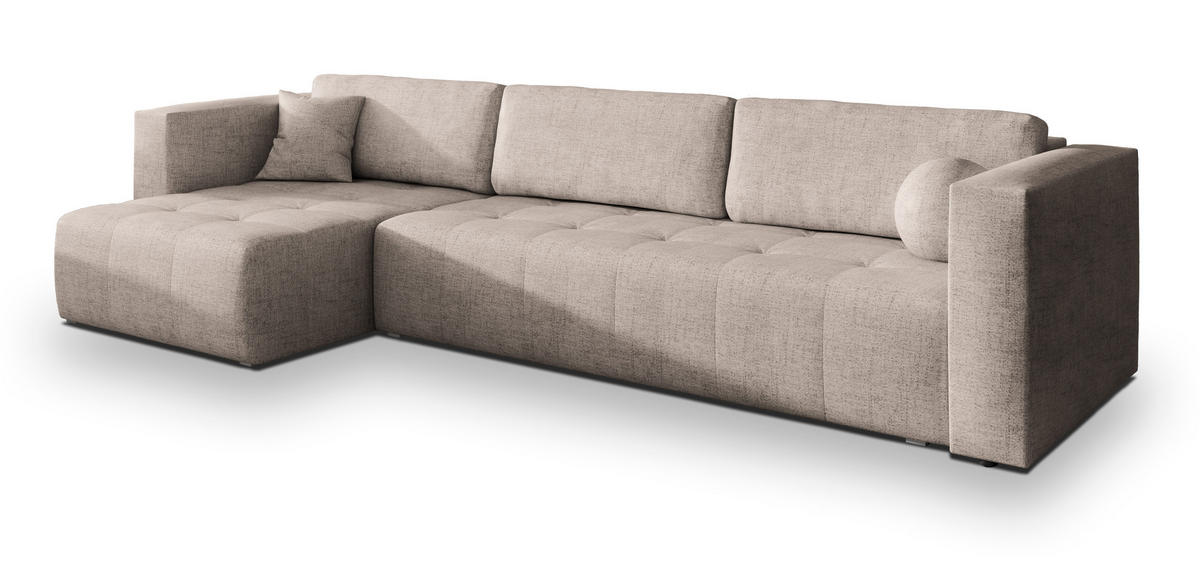 ECKSOFA OLVERA Beige Geflochtener Stoff mit Schlaffunktion - Beige, Holz (347/148cm) - MASSENO