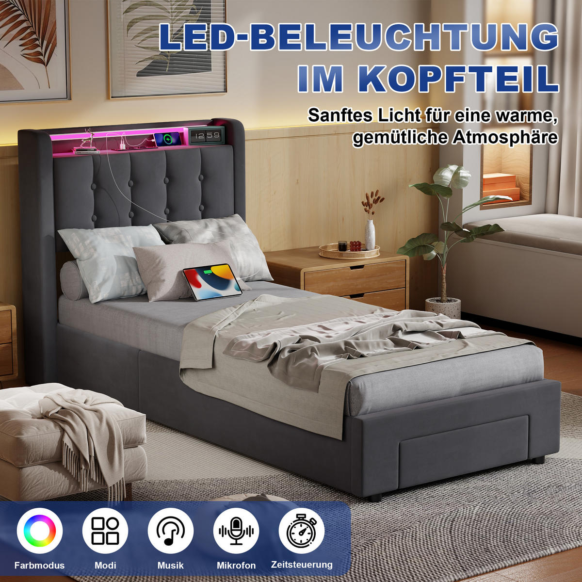 POLSTERBETT 90/200 cm Grau mit LED-Lichtleiste und USB-Anschlüssen - Grau, Holzwerkstoff (90/200cm) - OKWISH