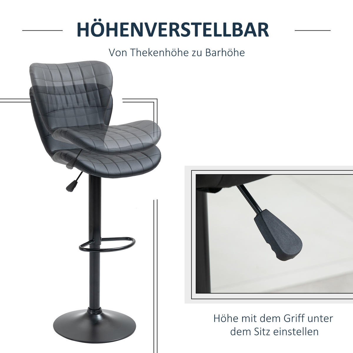 BARHOCKER, Kunstleder, Stahl, Schwarz - Schwarz, Kunststoff (51.5/109/47cm) - HOMCOM